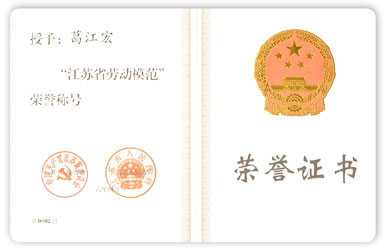江蘇省勞動(dòng)模范 榮譽(yù)證書(shū)葛江宏